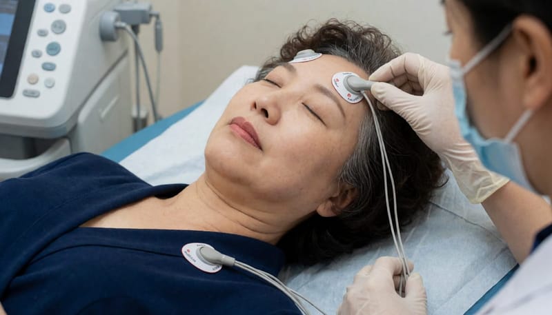 수면다원검사는 밤새 뇌파·호흡·산소포화도를 동시에 기록하는 센서를 몸에 부착해 진행합니다.